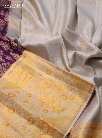 Pure kanchipuram silk saree deep purple and grey with allover silver & gold zari woven brocade weaves and long rich zari woven border