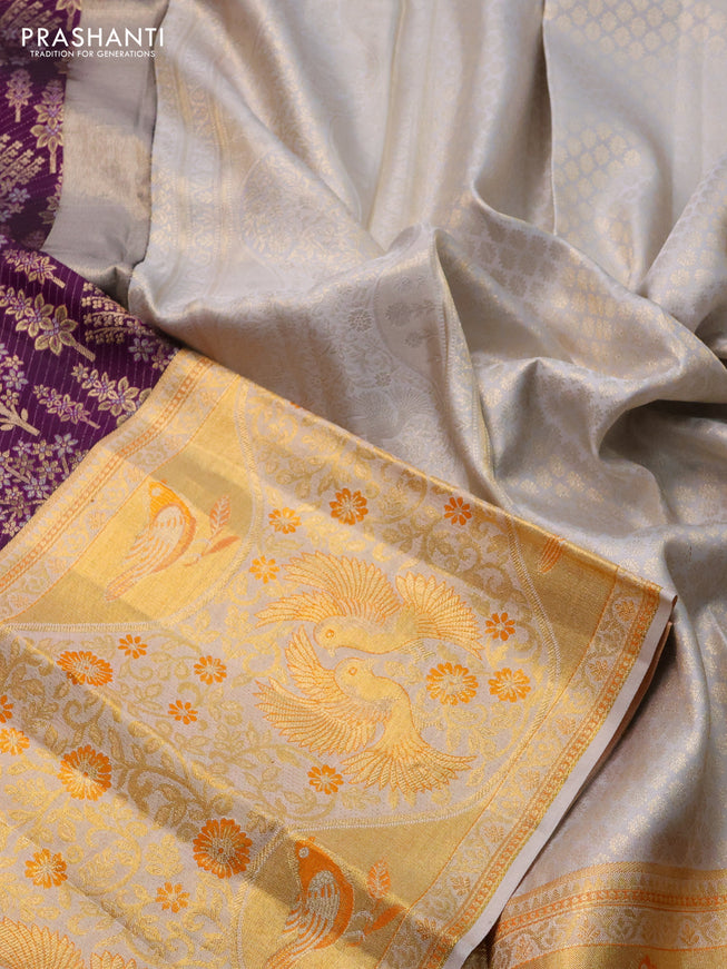 Pure kanchipuram silk saree deep purple and grey with allover silver & gold zari woven brocade weaves and long rich zari woven border