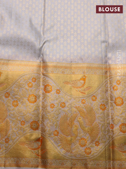 Pure kanchipuram silk saree deep purple and grey with allover silver & gold zari woven brocade weaves and long rich zari woven border