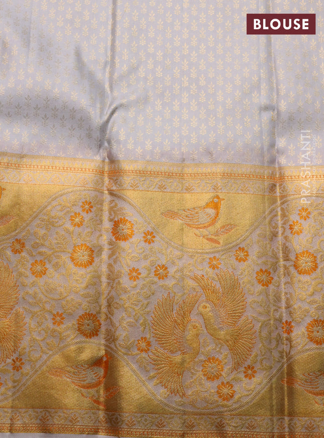 Pure kanchipuram silk saree deep purple and grey with allover silver & gold zari woven brocade weaves and long rich zari woven border