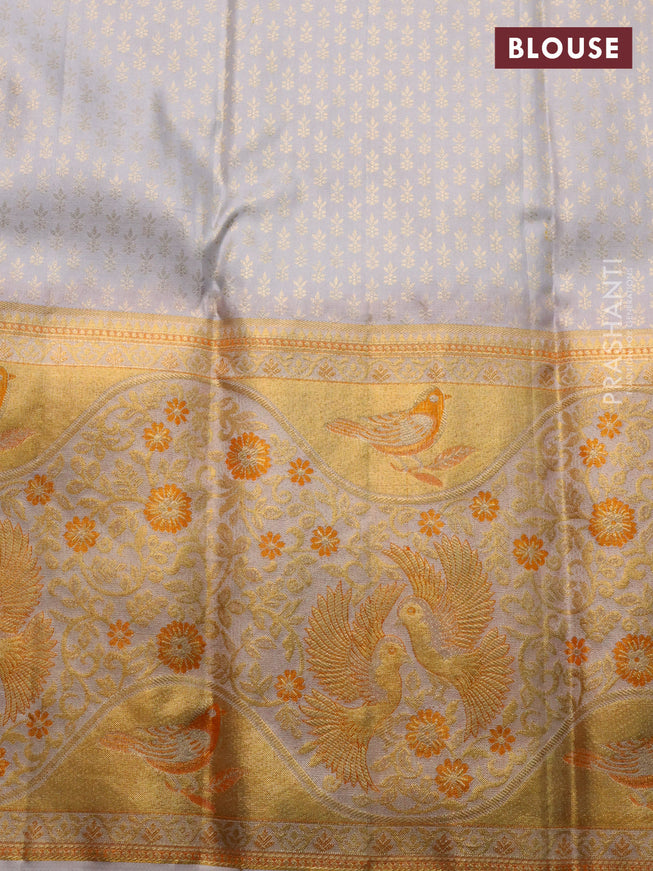 Pure kanchipuram silk saree deep purple and grey with allover silver & gold zari woven brocade weaves and long rich zari woven border