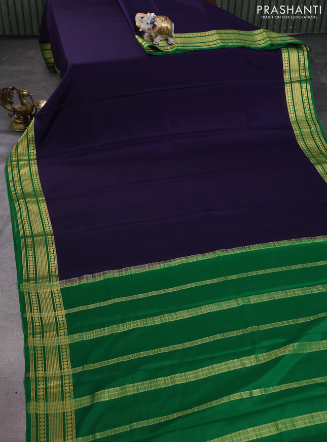 Pure mysore silk saree dark blue and green with plain body and zari woven border