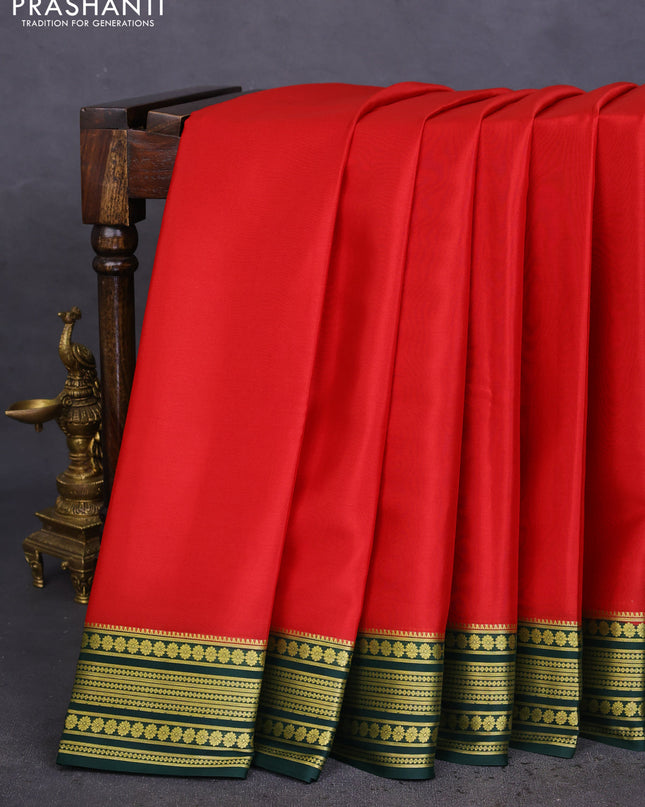 Pure mysore silk saree red and dark green with plain body and zari woven border