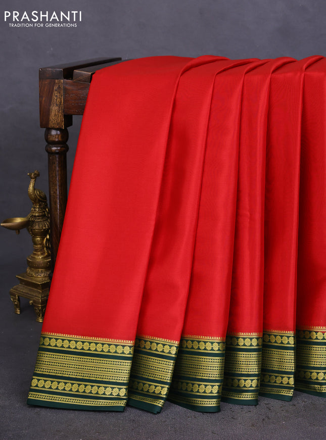 Pure mysore silk saree red and dark green with plain body and zari woven border