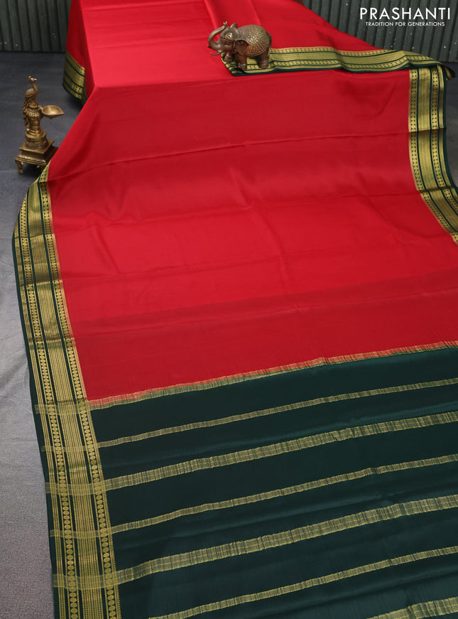 Pure mysore silk saree red and dark green with plain body and zari woven border