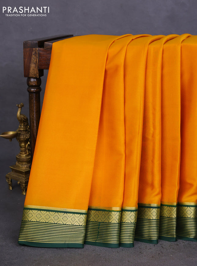 Pure mysore silk saree mango yellow and green with plain body and zari woven border
