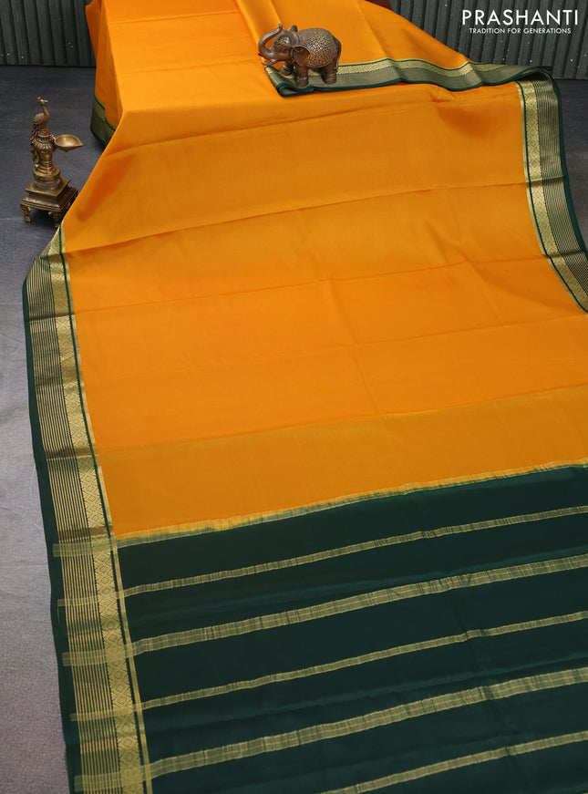 Pure mysore silk saree mango yellow and green with plain body and zari woven border