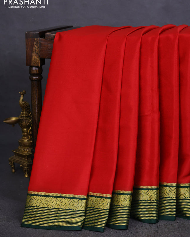 Pure mysore silk saree red and green with plain body and zari woven border