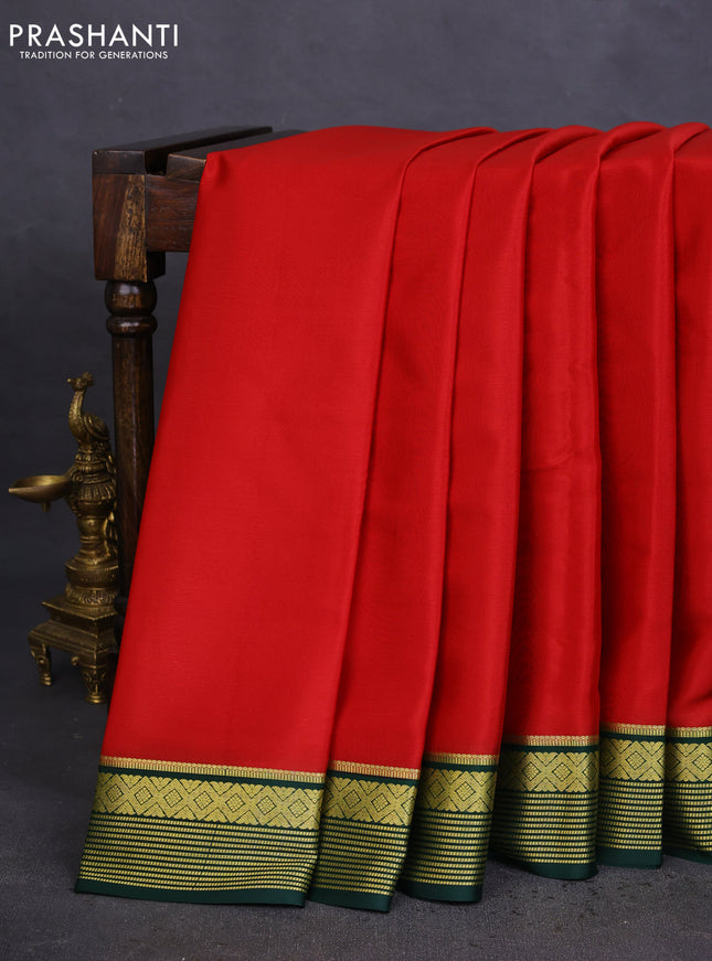 Pure mysore silk saree red and green with plain body and zari woven border