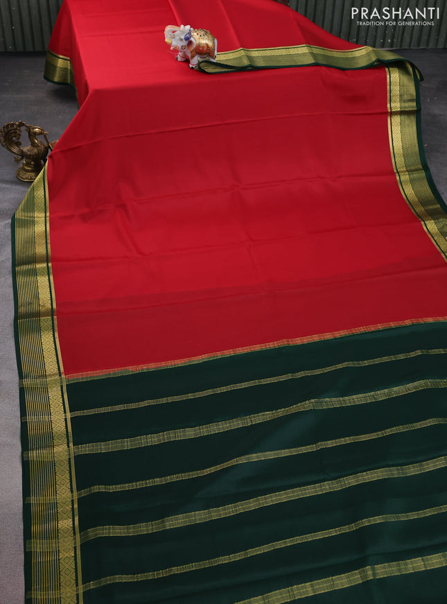 Pure mysore silk saree red and green with plain body and zari woven border