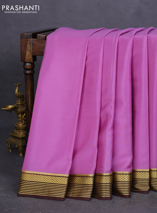 Pure mysore silk saree mild purple and coffee brown with plain body and zari woven border