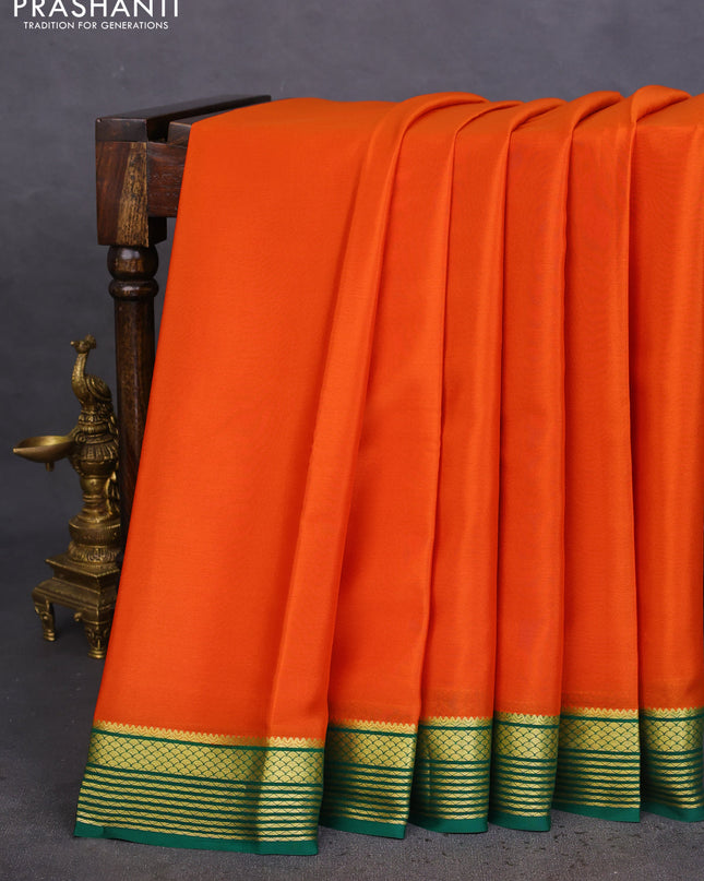 Pure mysore silk saree orange and green with zari woven buttas and zari woven border