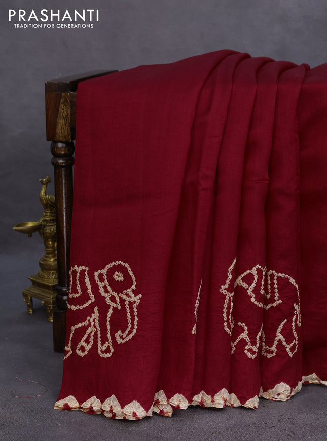 Chiniya silk saree maroon with allover bandhani prints