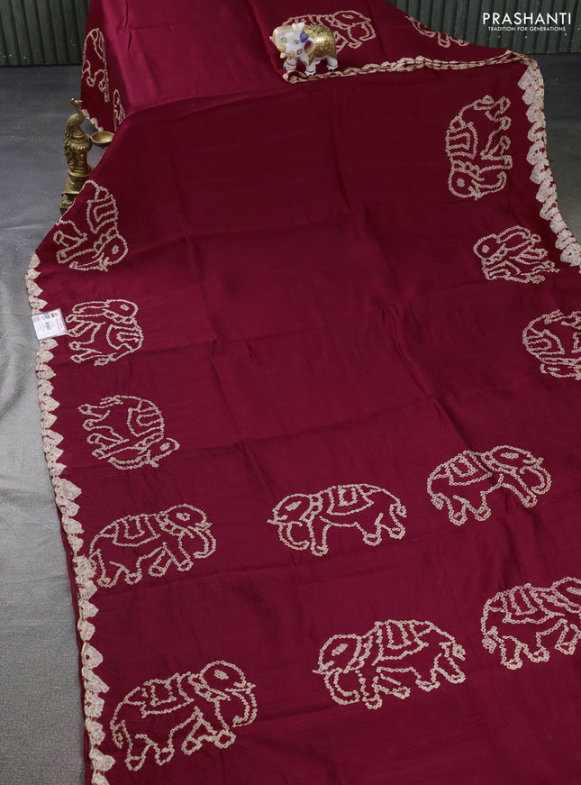 Chiniya silk saree maroon with allover bandhani prints