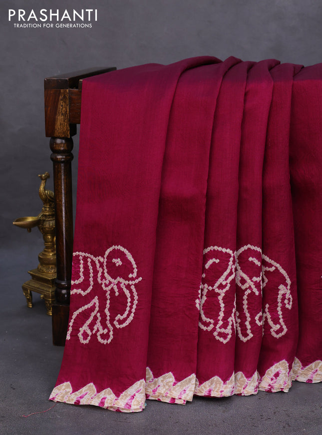 Chiniya silk saree wine shade with allover bandhani prints