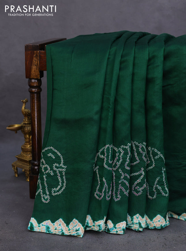 Chiniya silk saree green with allover bandhani prints