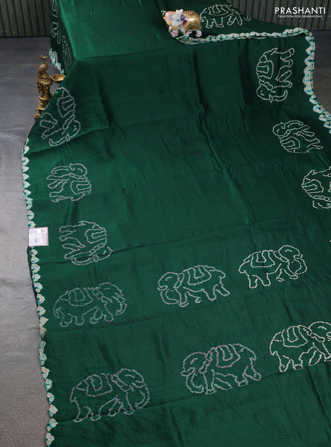 Chiniya silk saree green with allover bandhani prints