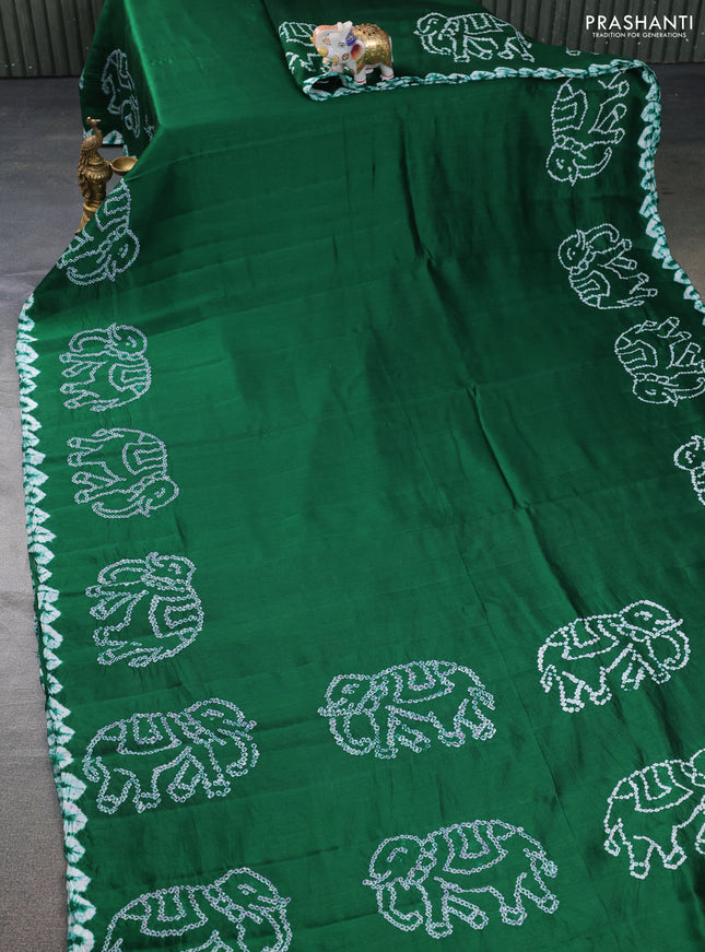 Chiniya silk saree green with allover bandhani prints
