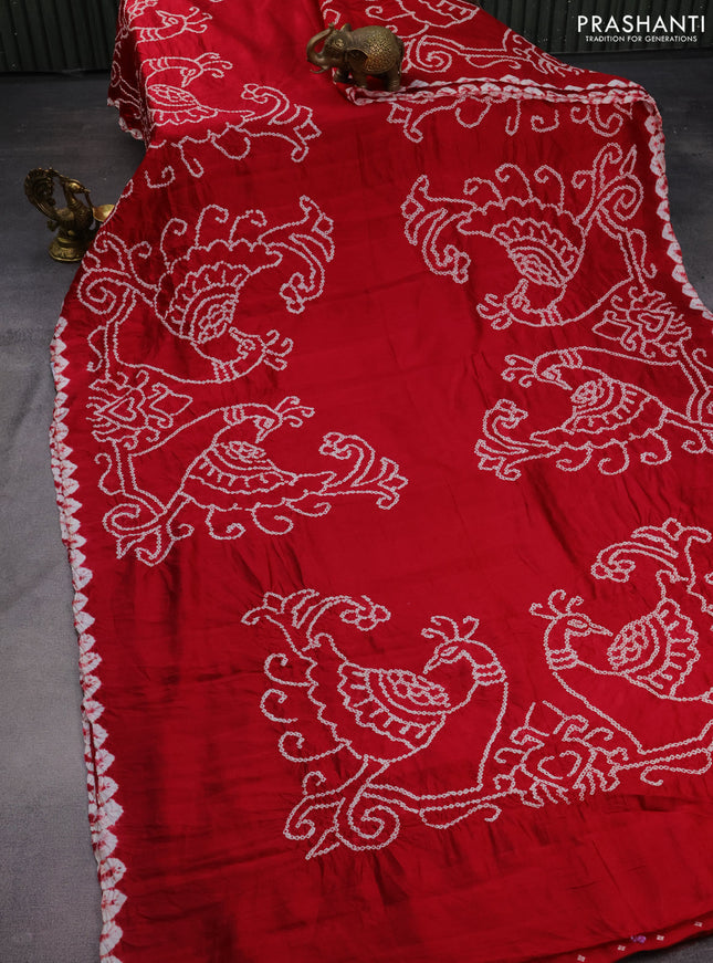 Chiniya silk saree kumkum red with allover bandhani prints