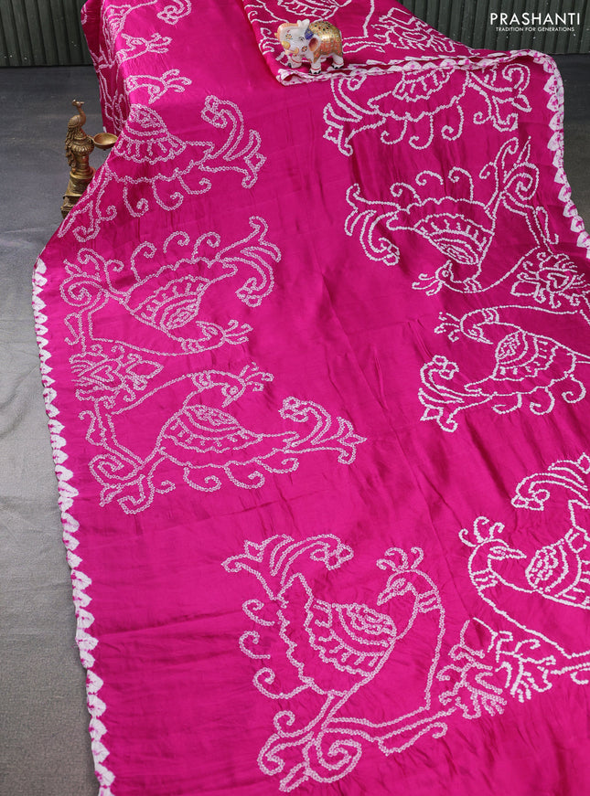 Chiniya silk saree magenta pink with allover bandhani prints