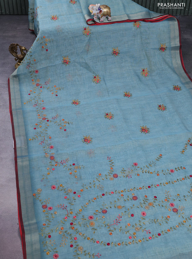 linen cotton saree pastel blue and maroon with embroidery buttas and zari woven border