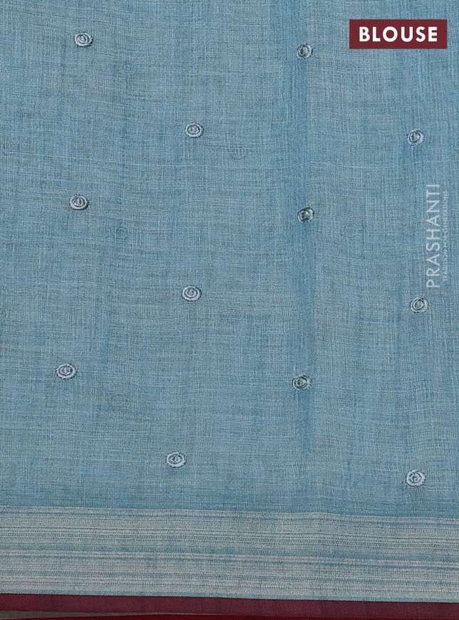 linen cotton saree pastel blue and maroon with embroidery buttas and zari woven border