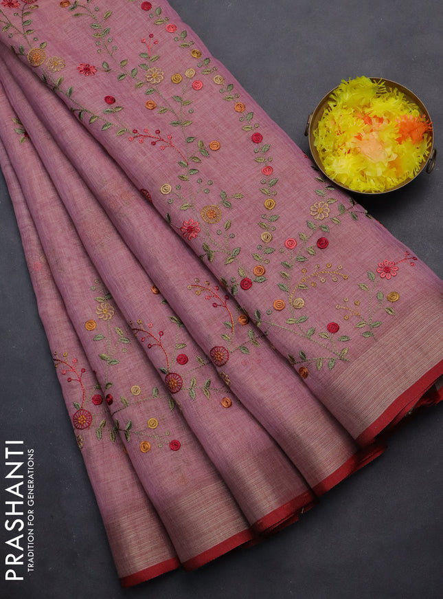 linen cotton saree pastel pink and red with embroidery buttas and zari woven border