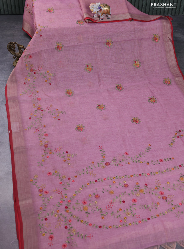 linen cotton saree pastel pink and red with embroidery buttas and zari woven border