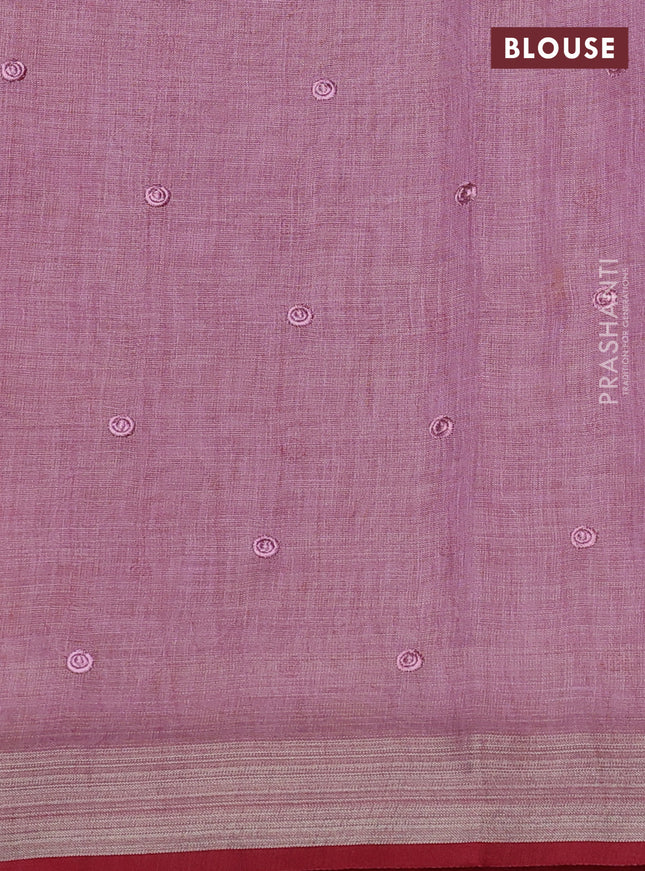 linen cotton saree pastel pink and red with embroidery buttas and zari woven border