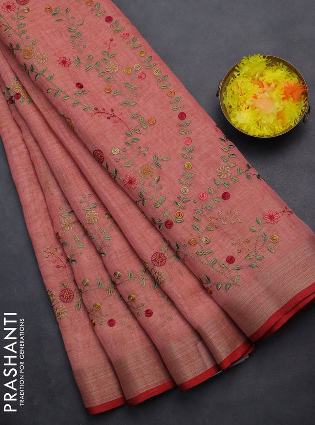 linen cotton saree peach shade and red with embroidery buttas and zari woven border