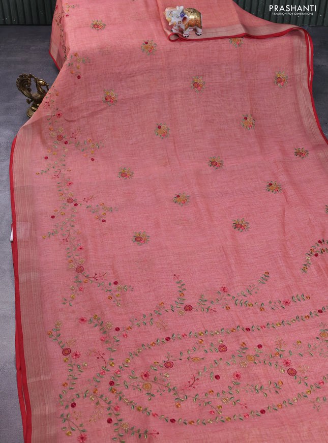 linen cotton saree peach shade and red with embroidery buttas and zari woven border