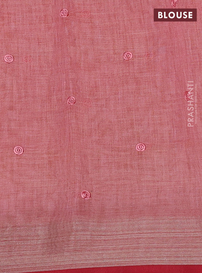 linen cotton saree peach shade and red with embroidery buttas and zari woven border