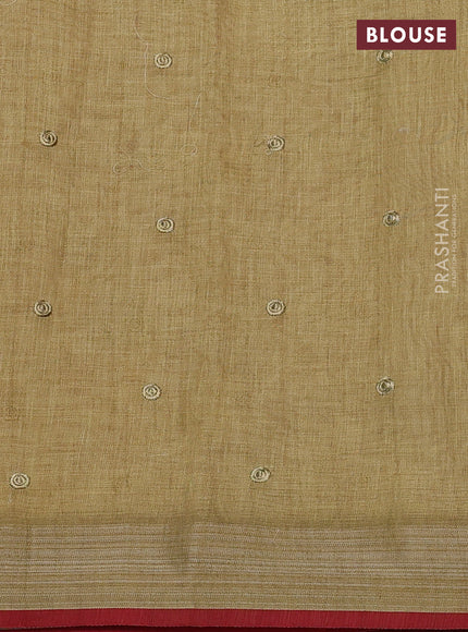 linen cotton saree mustard yellow and red with embroidery buttas and zari woven border