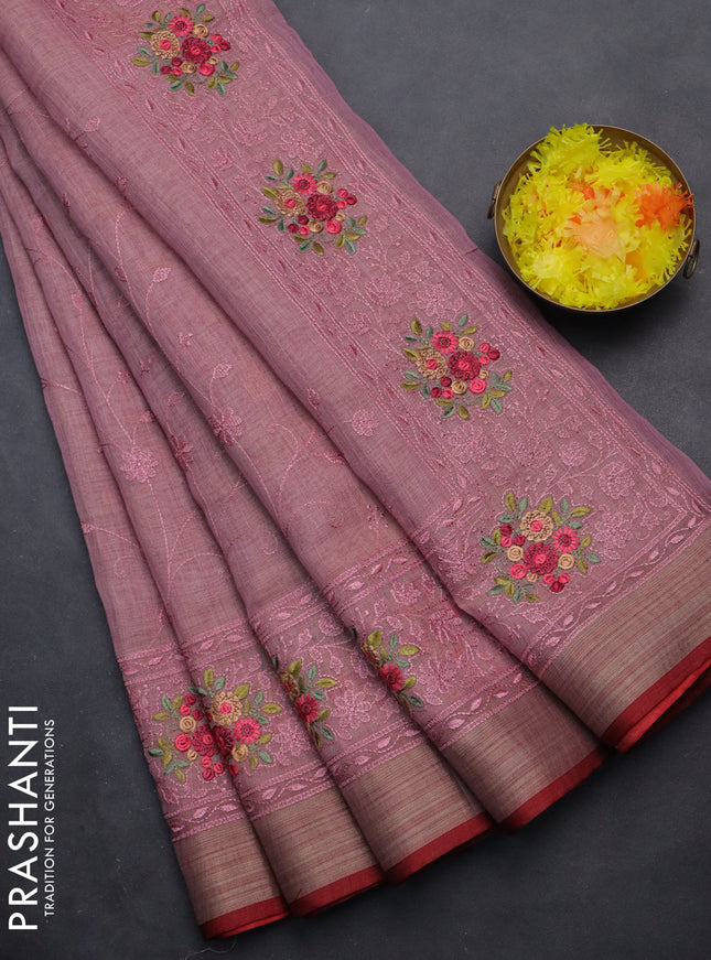 linen cotton saree pastel pink and red with allover embroidery work and zari woven border