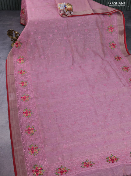 linen cotton saree pastel pink and red with allover embroidery work and zari woven border