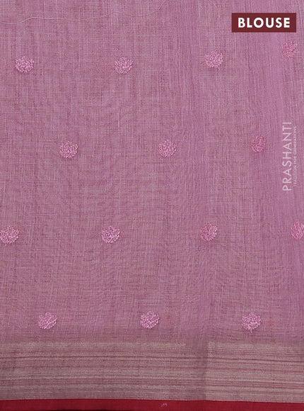 linen cotton saree pastel pink and red with allover embroidery work and zari woven border