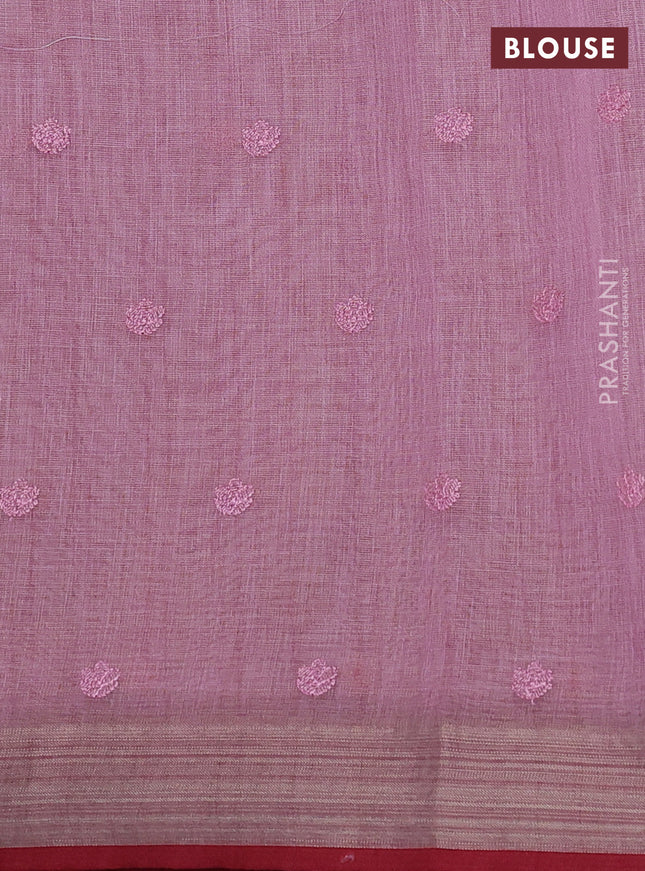 linen cotton saree pastel pink and red with allover embroidery work and zari woven border