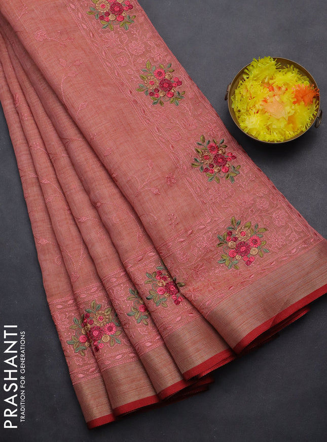 linen cotton saree peach shade and red with allover embroidery work and zari woven border
