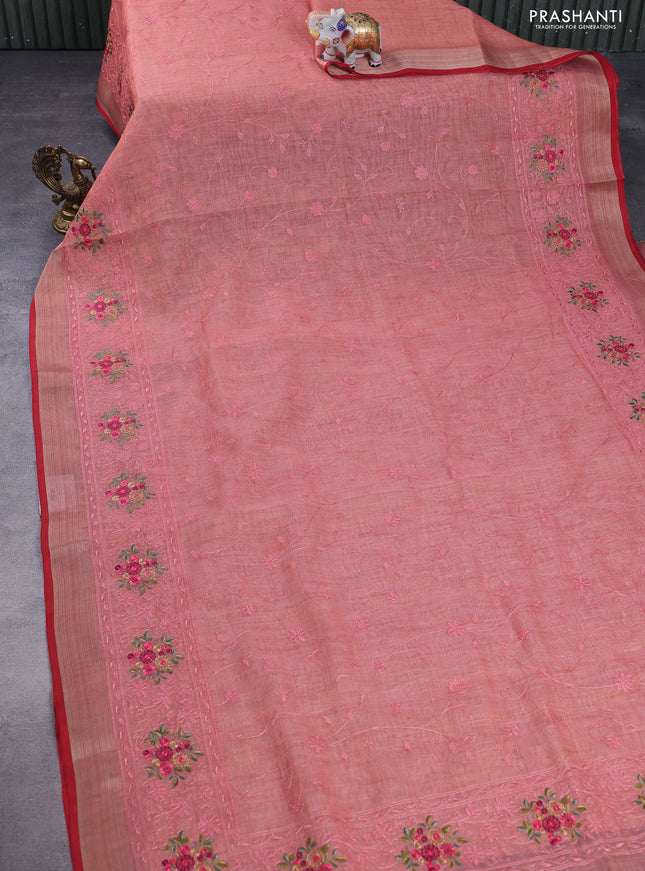linen cotton saree peach shade and red with allover embroidery work and zari woven border