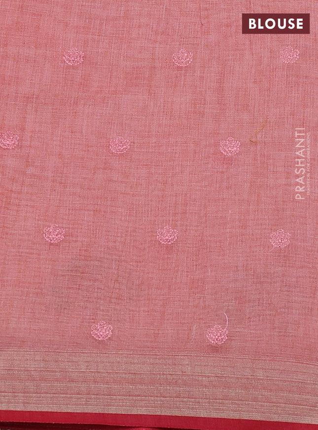 linen cotton saree peach shade and red with allover embroidery work and zari woven border