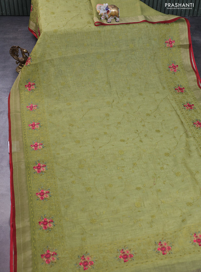 linen cotton saree light green and maroon with allover embroidery work and zari woven border