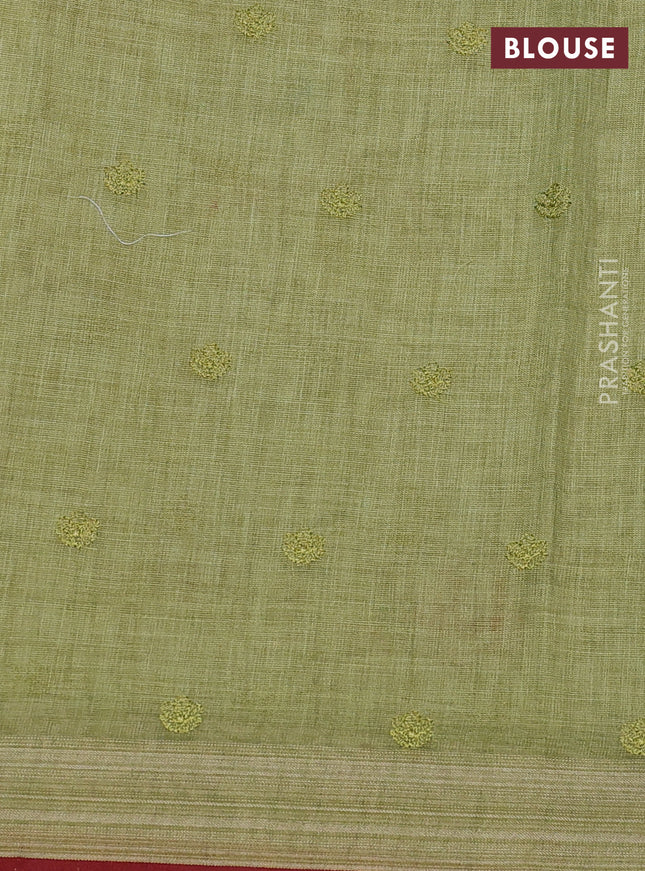 linen cotton saree light green and maroon with allover embroidery work and zari woven border