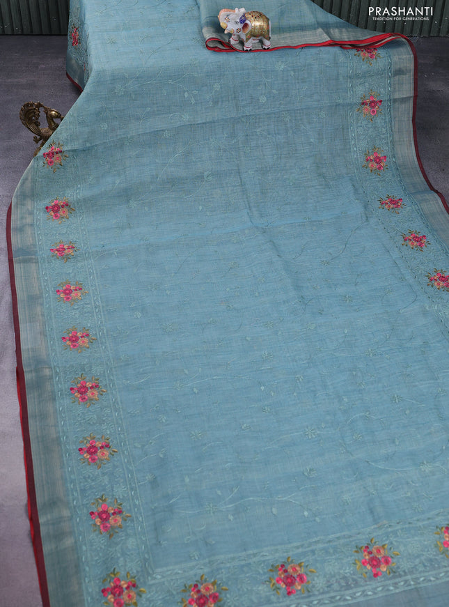 linen cotton saree pastel blue and maroon with allover embroidery work and zari woven border