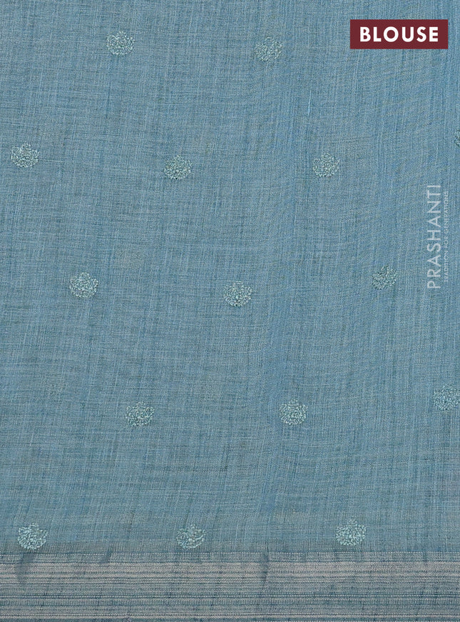 linen cotton saree pastel blue and maroon with allover embroidery work and zari woven border