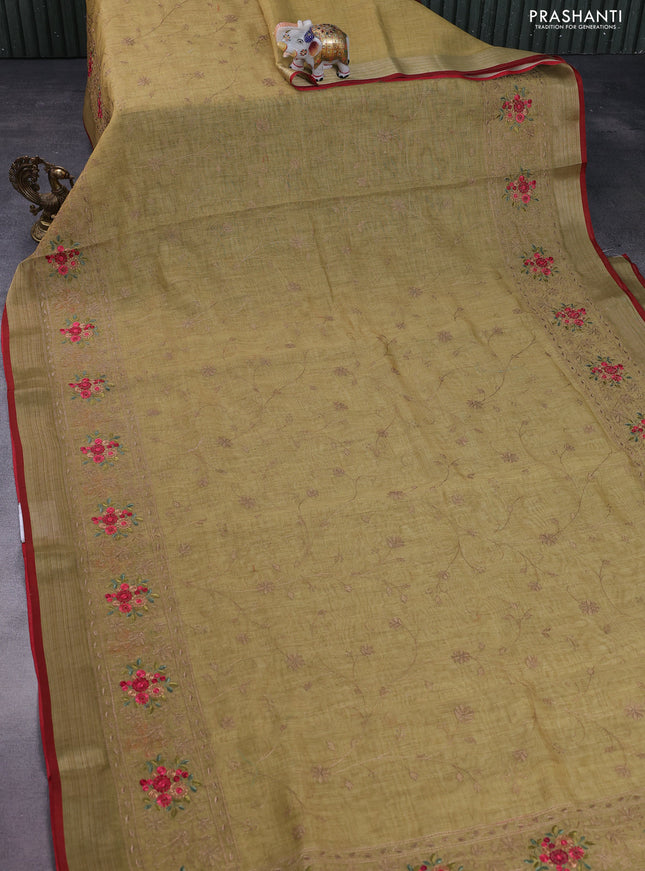 linen cotton saree mustrad green and maroon with allover embroidery work and zari woven border