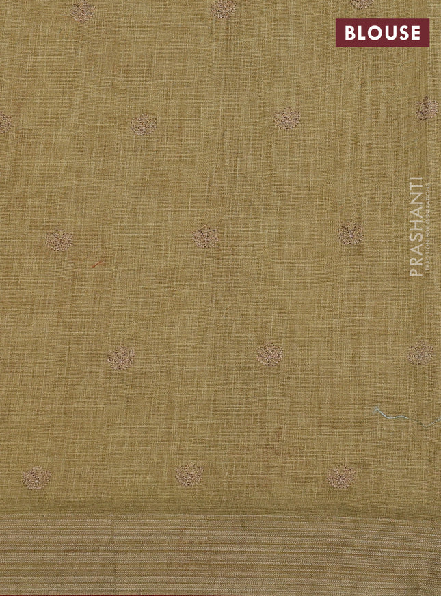 linen cotton saree mustrad green and maroon with allover embroidery work and zari woven border