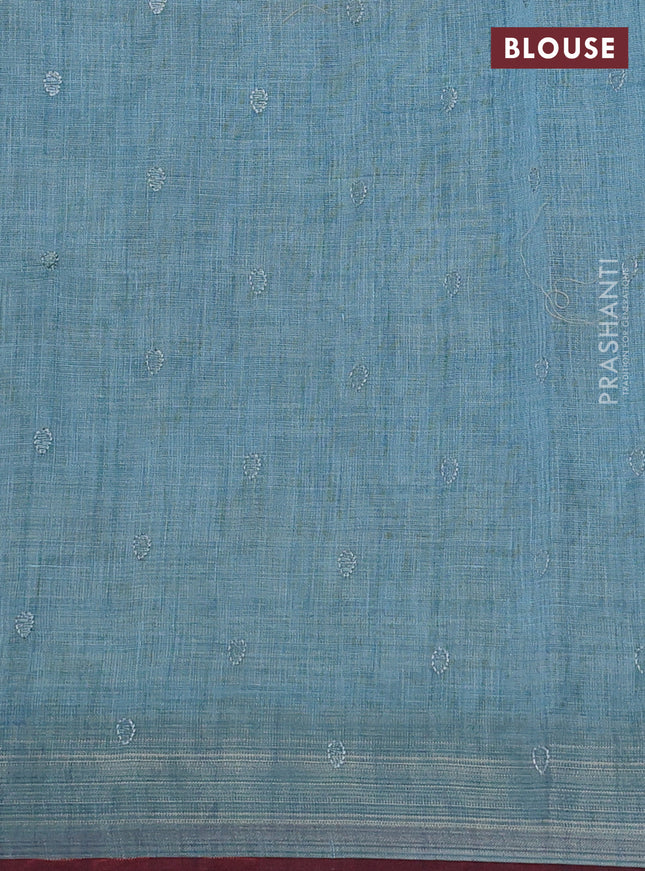 linen cotton saree pastel blue and red with embroidery buttas and zari woven border