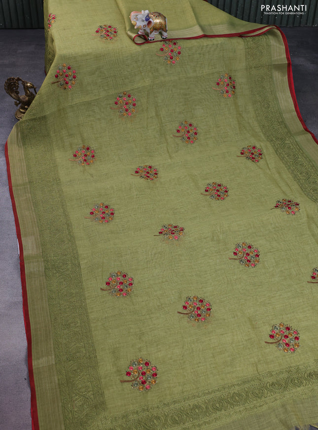 linen cotton saree light green and maroon with embroidery buttas and zari woven border