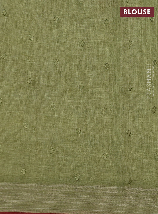 linen cotton saree light green and maroon with embroidery buttas and zari woven border