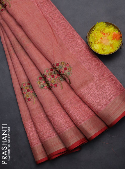 linen cotton saree peach shade and red with embroidery buttas and zari woven border